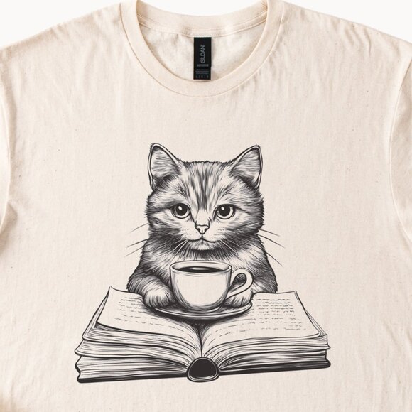 Cat Reading Book Coffee Shirt Cozy Kitten Tee Book Lover Gift Cat with Book and - Picture 2 of 6